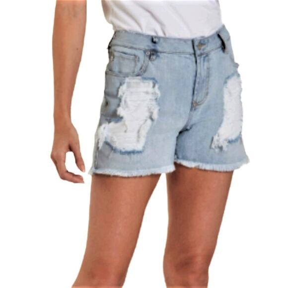 NWT DEAR JOHN Ava High Rise Raw Hem Missing Pocket Destructed Denim Shorts - Picture 3 of 9